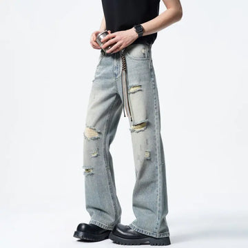 Riolio Men Straight Leg Vintage Blue Washed Denim Jeans Casual Ripped Distressed Trousers Classic Retro Style Comfortable Streetwear